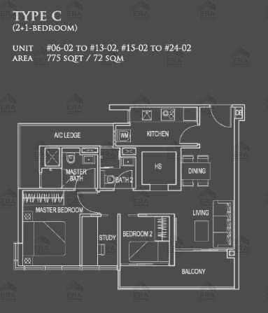 C · 775 sqft floor plan
