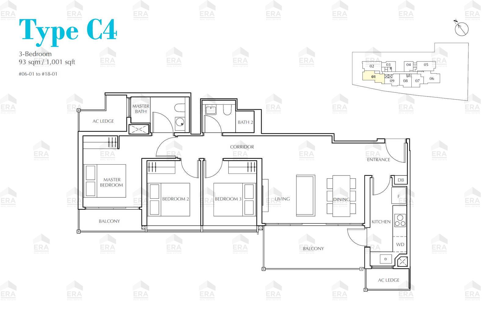 C4 · 1,001 sqft floor plan