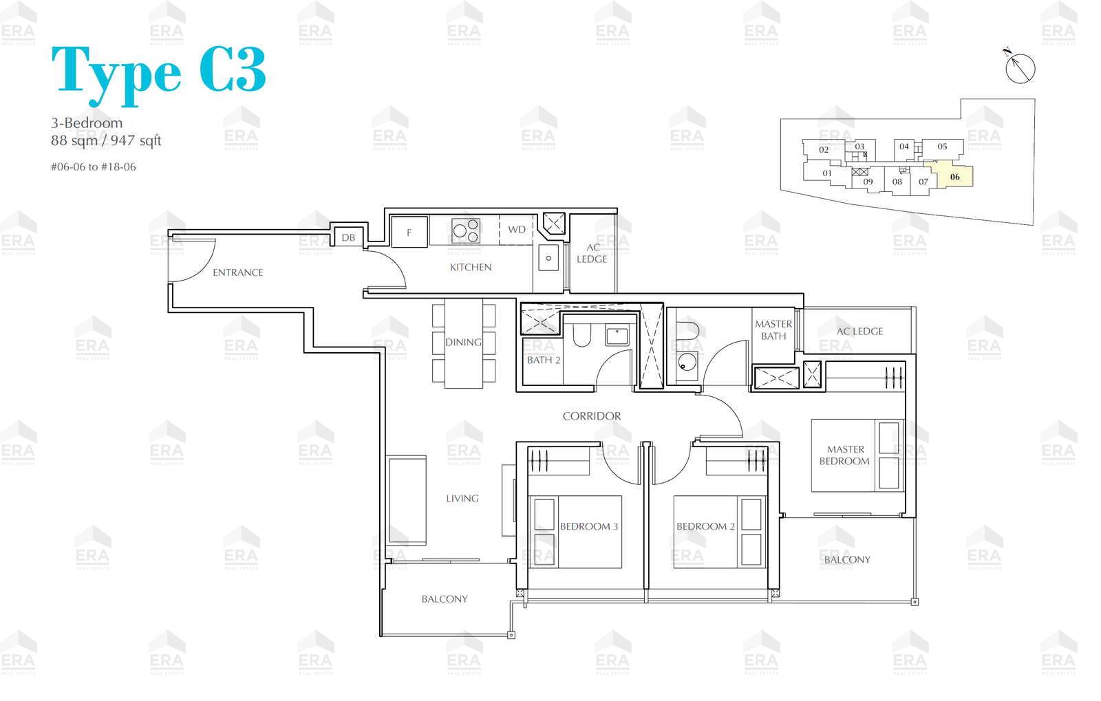 C3 · 947 sqft floor plan