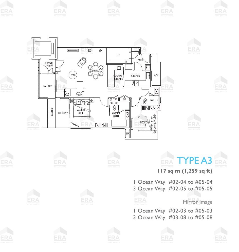 A3 · 1,259 sqft floor plan
