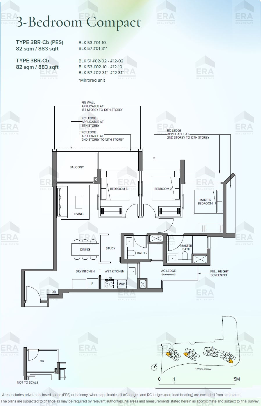 3BR-Cb(PES) · 883 sqft floor plan