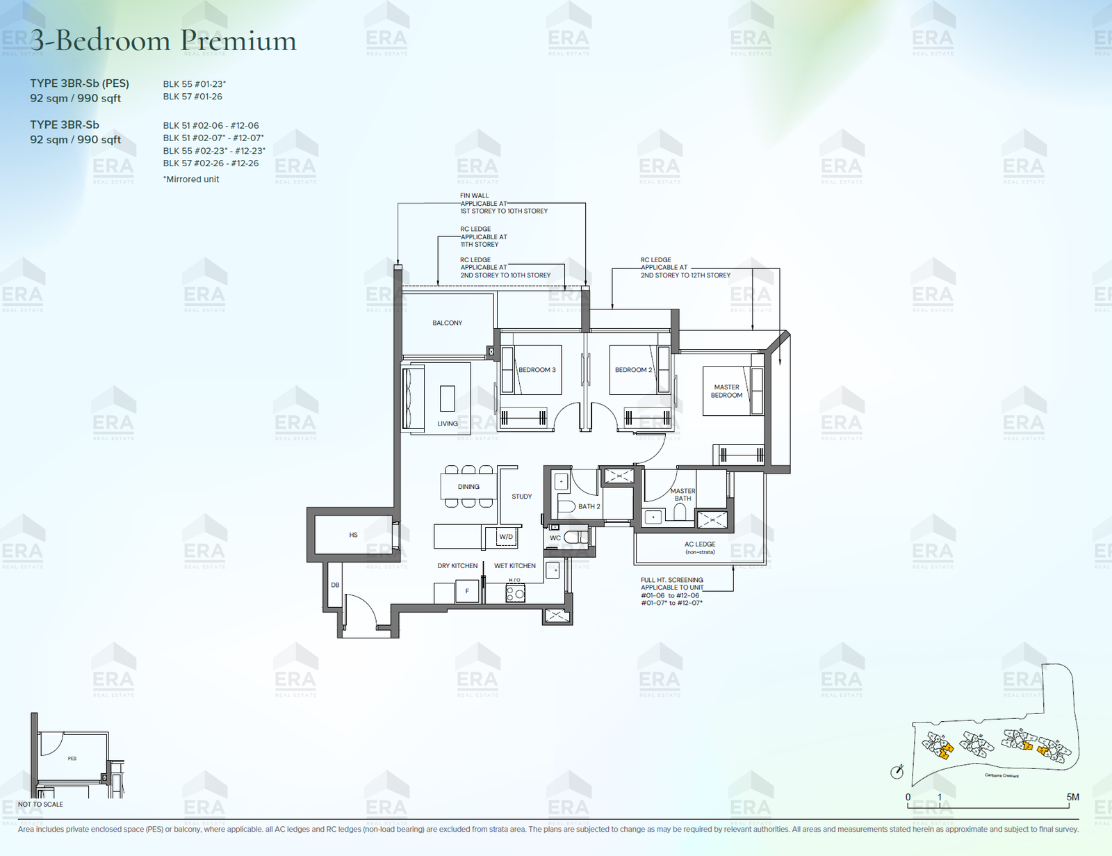 3BR-Sb · 990 sqft floor plan