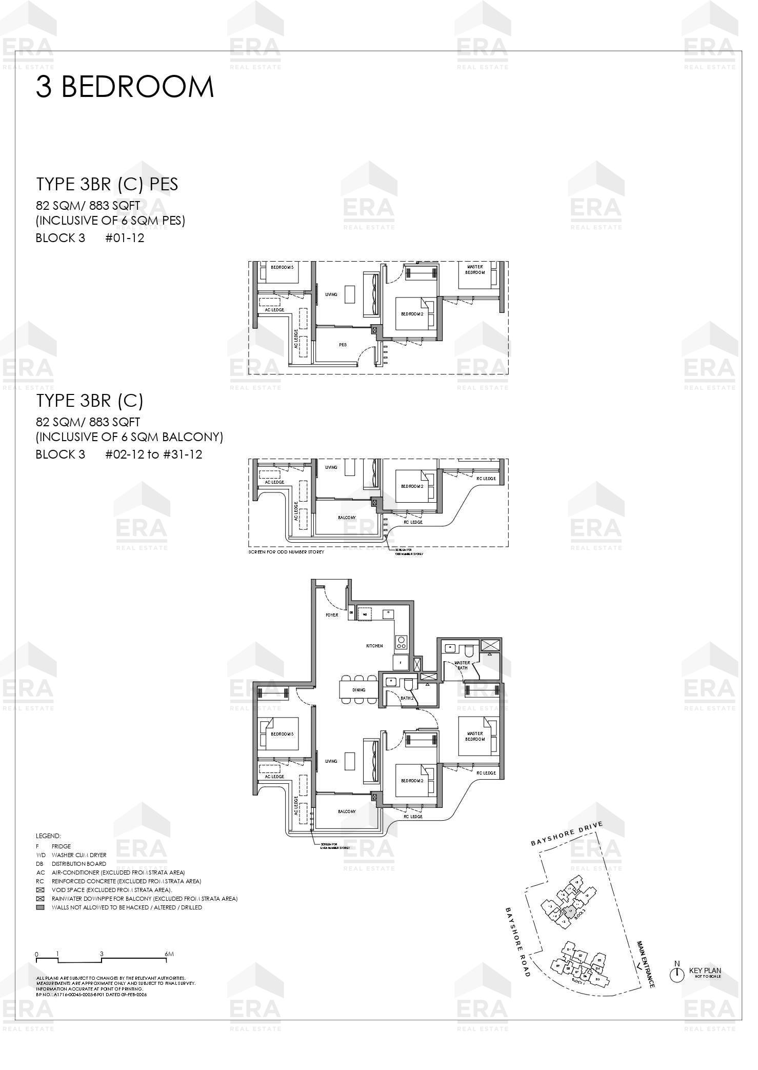3BR (C) PES · 883 sqft floor plan