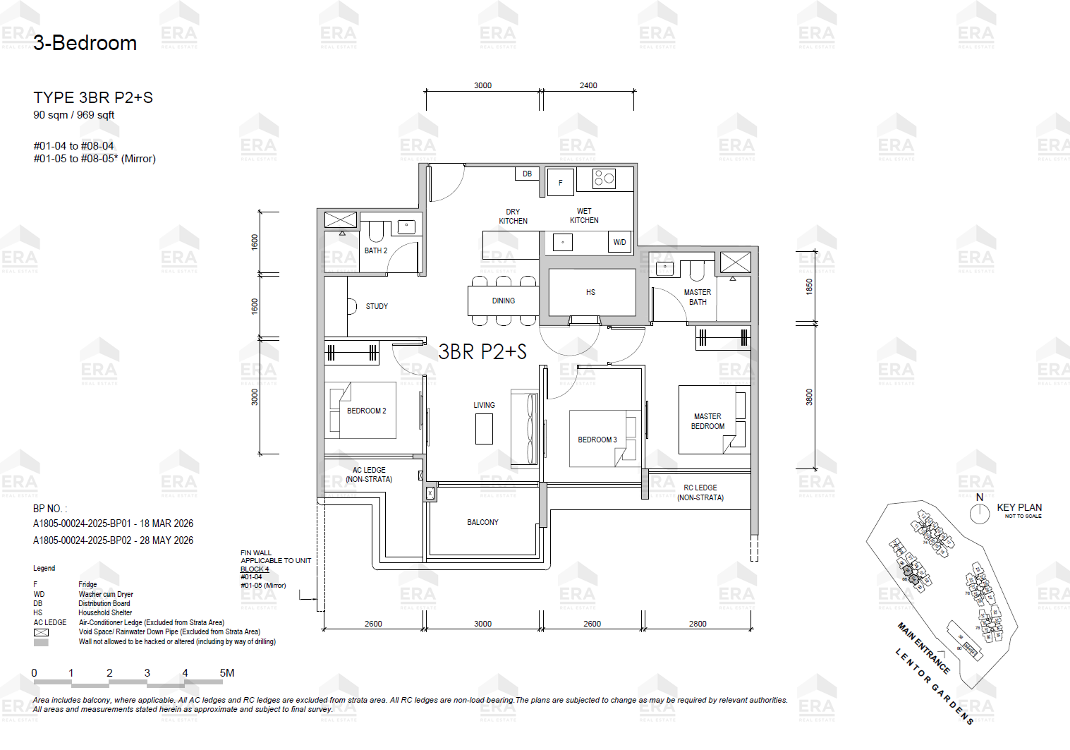 3BR P2+S · 969 sqft floor plan
